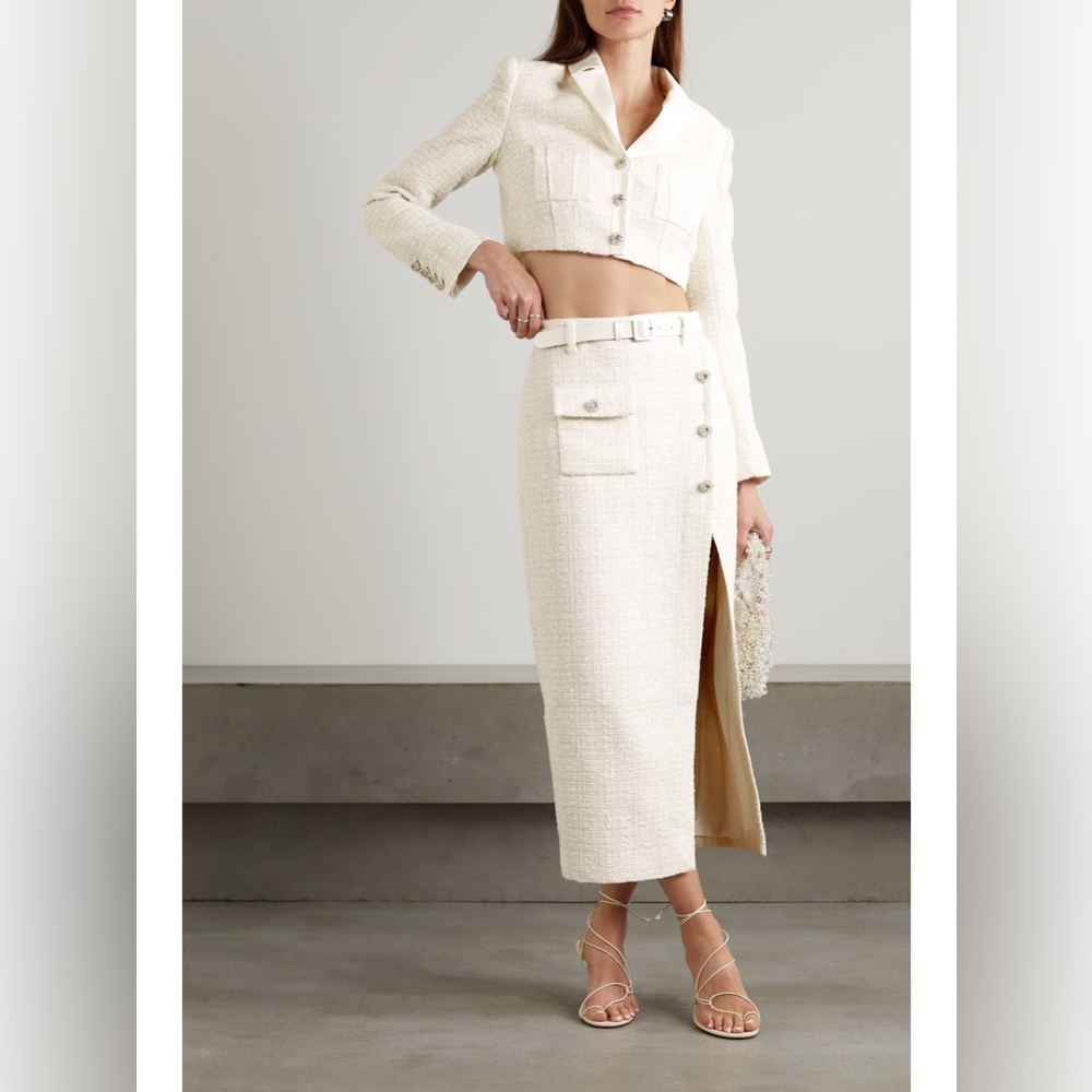 Self-Portrait Bouclé Tweed Blazer & Skirt Set Cream Gold Size 6/4